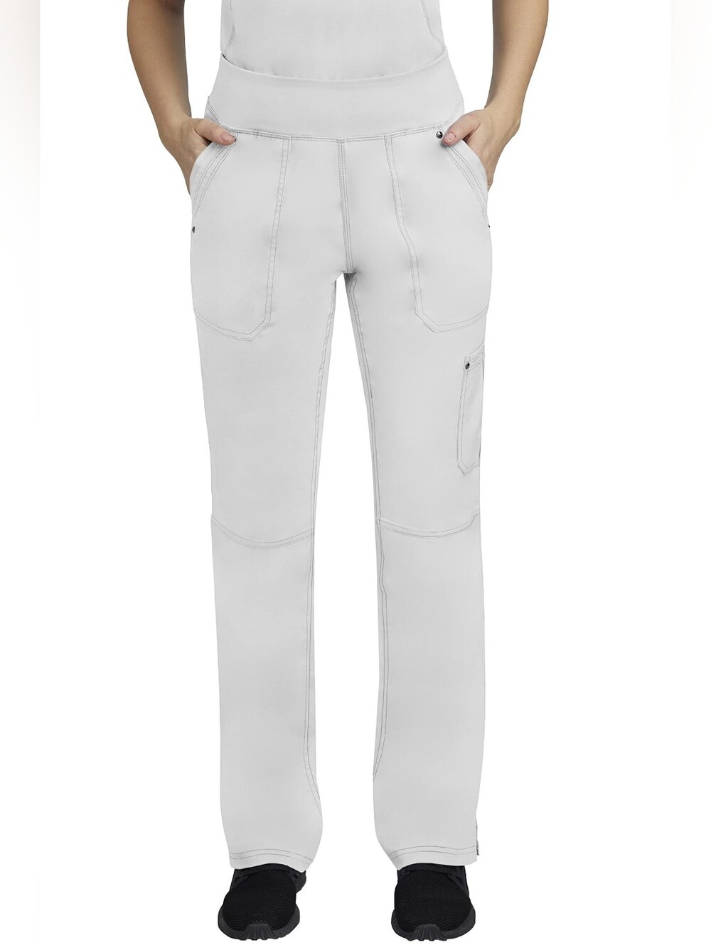 Women's White Scrub Yoga Pant Cargo Bottoms with 5 Pockets 2-Way Stretch, XS